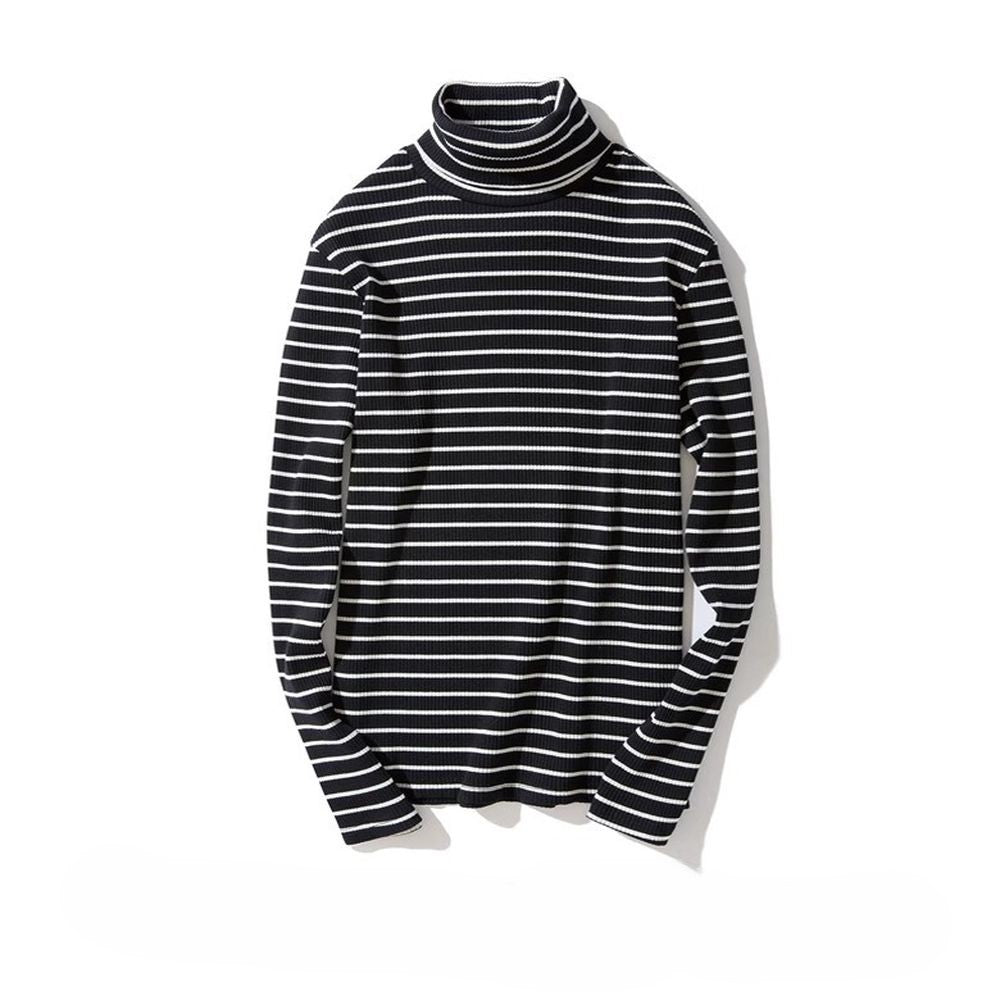Men's Retro Black and White Striped  Base Layer High Neck T-shirt